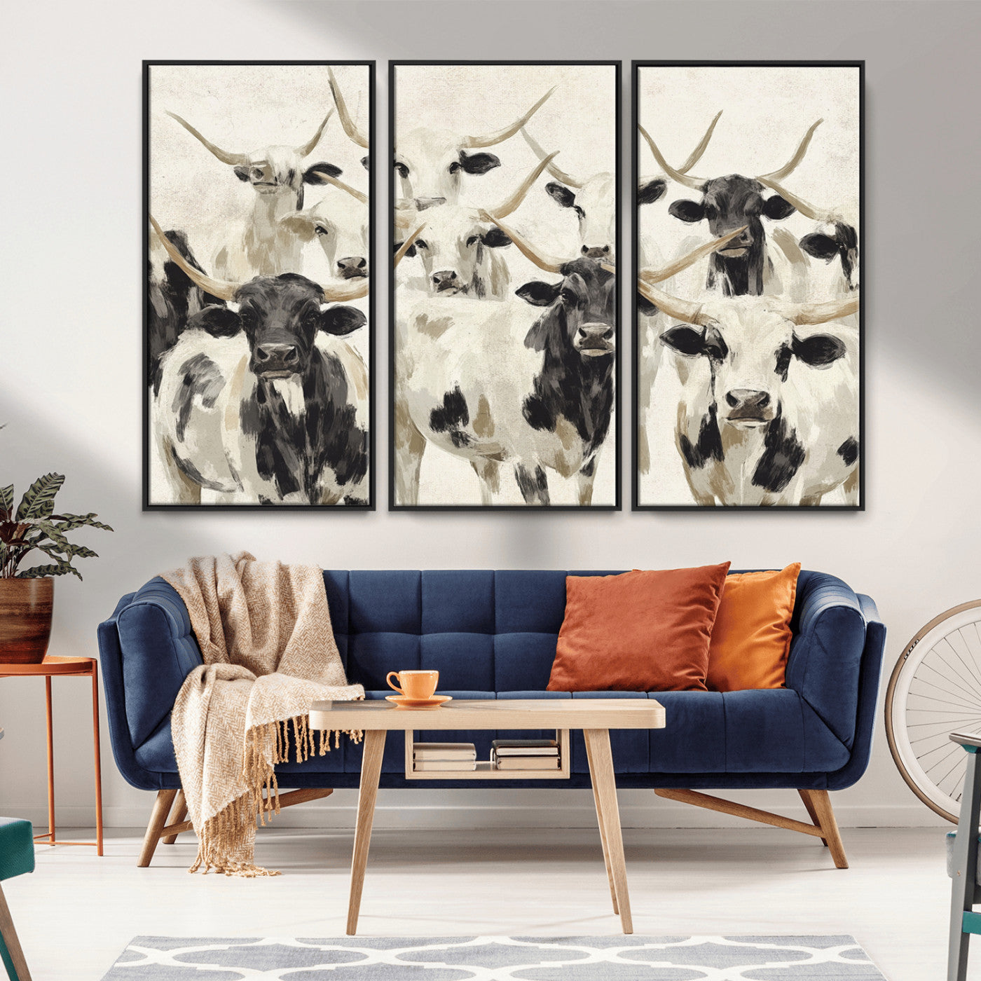 MGV-FC-48X32-3P - Longhorn Texas Cow Drawing Abstract Wall Art Canvas Print for Farmhouse Decor, Texas Bull Printing