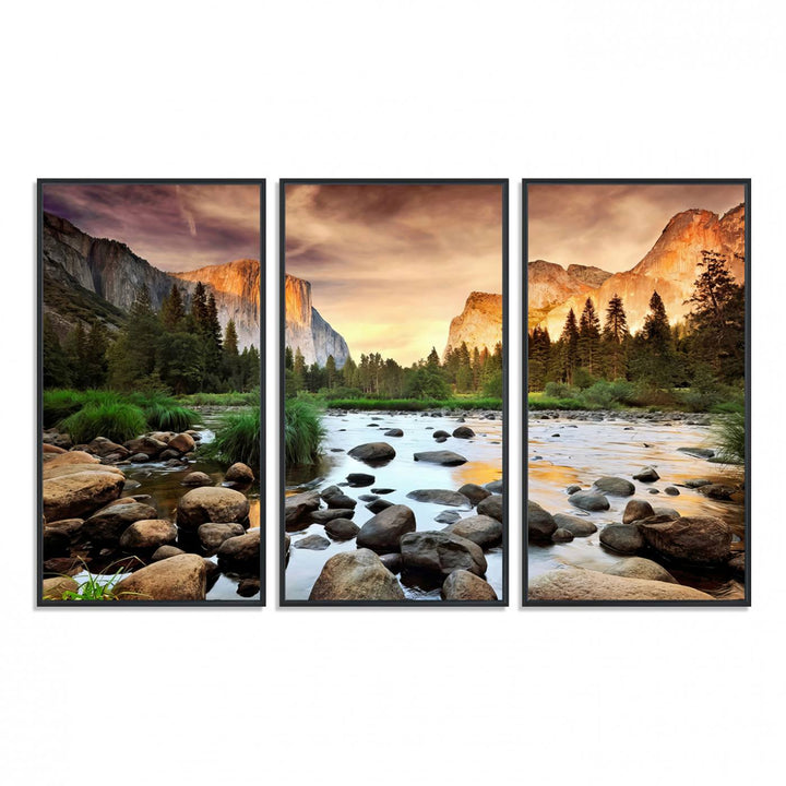 A tranquil riverside sunset mirrors the beauty of a Yosemite wall art masterpiece like the Large El Capitan Print.