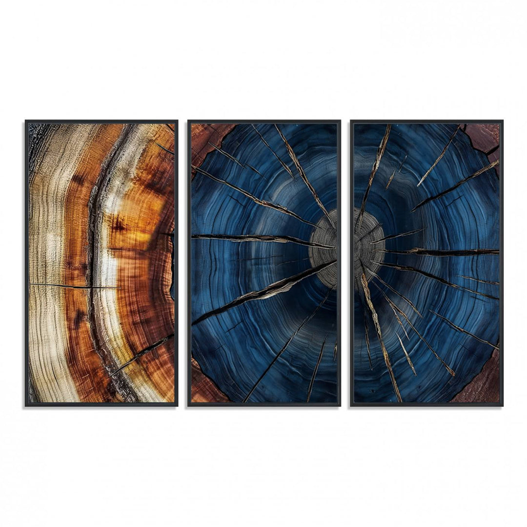 The Abstract Tree Rings Canvas Print features blue, brown, and orange rings that highlight wood grain and natures beauty.