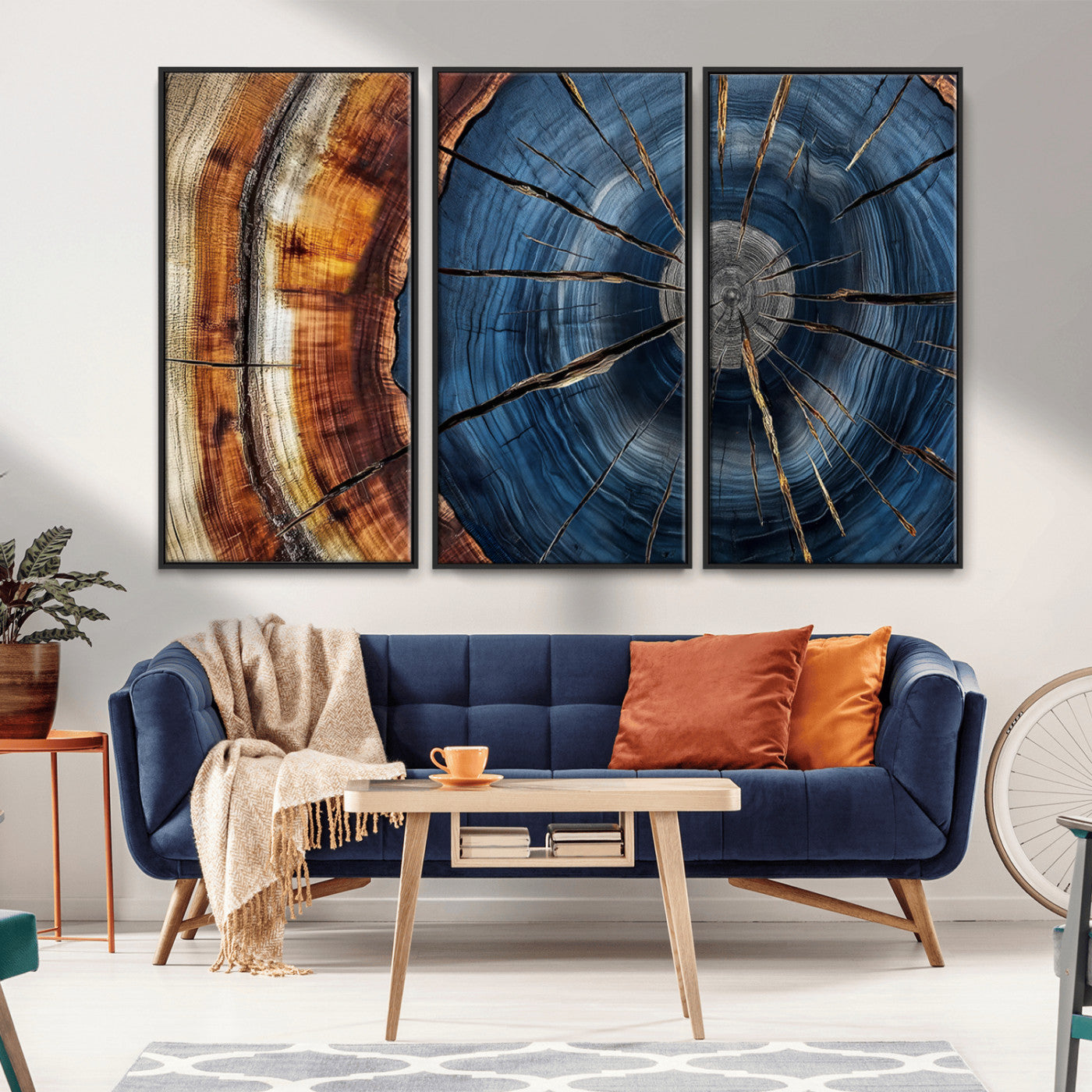 MGV-FC-48X32-3P - Framed Abstract Tree Ring Wall Art Print, Natural Rustic Wood Texture Canvas Print, Wood Tree Stump