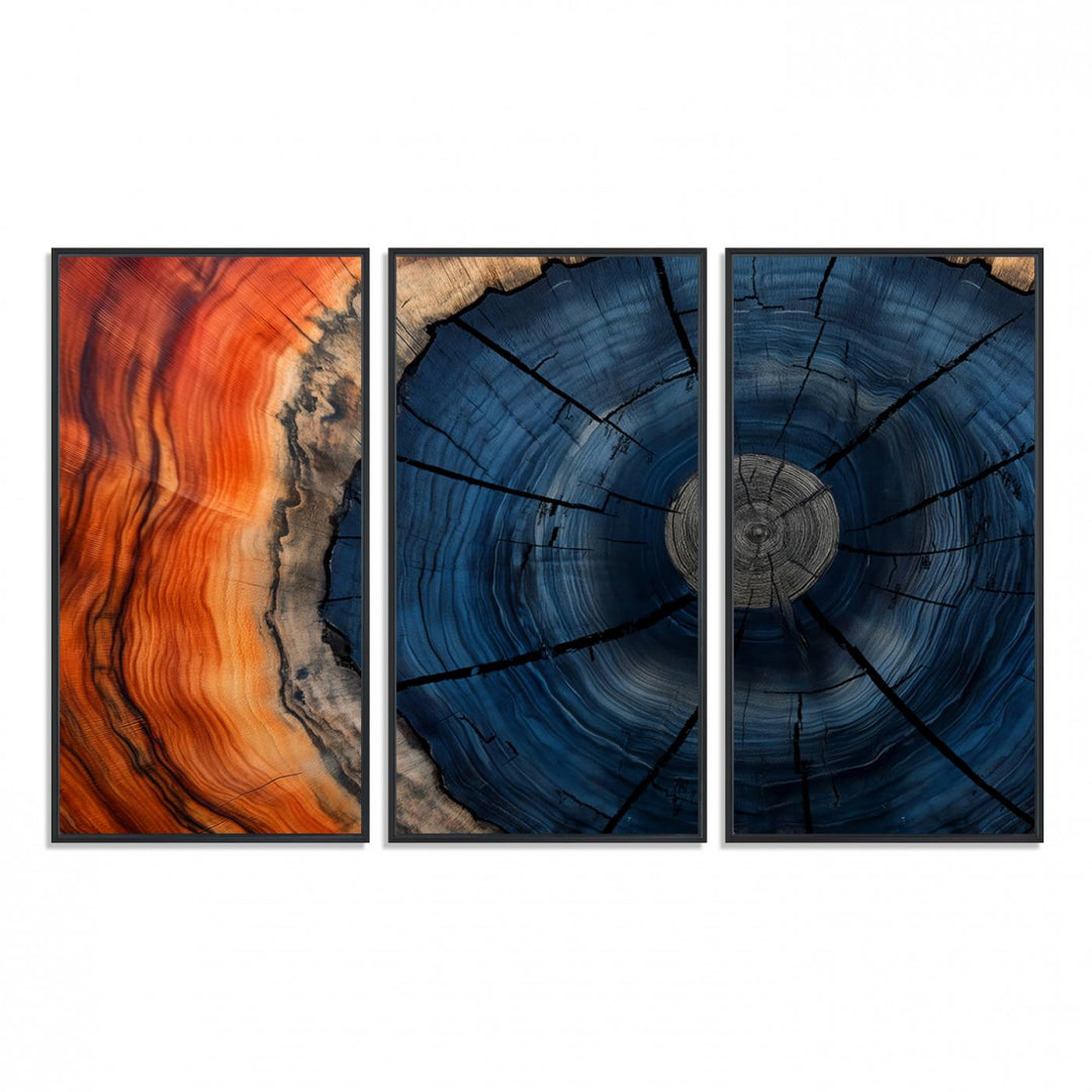 Abstract Tree Rings Canvas Print with vibrant colors—ideal farmhouse wall art for a woodland-themed home.