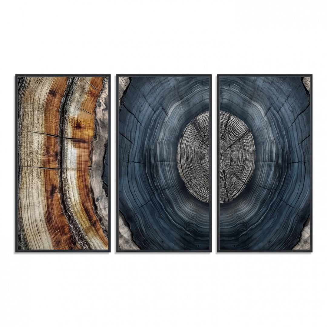 Close-up of the Abstract Tree Rings Wall Art Print featuring shades of blue, brown, and gray.