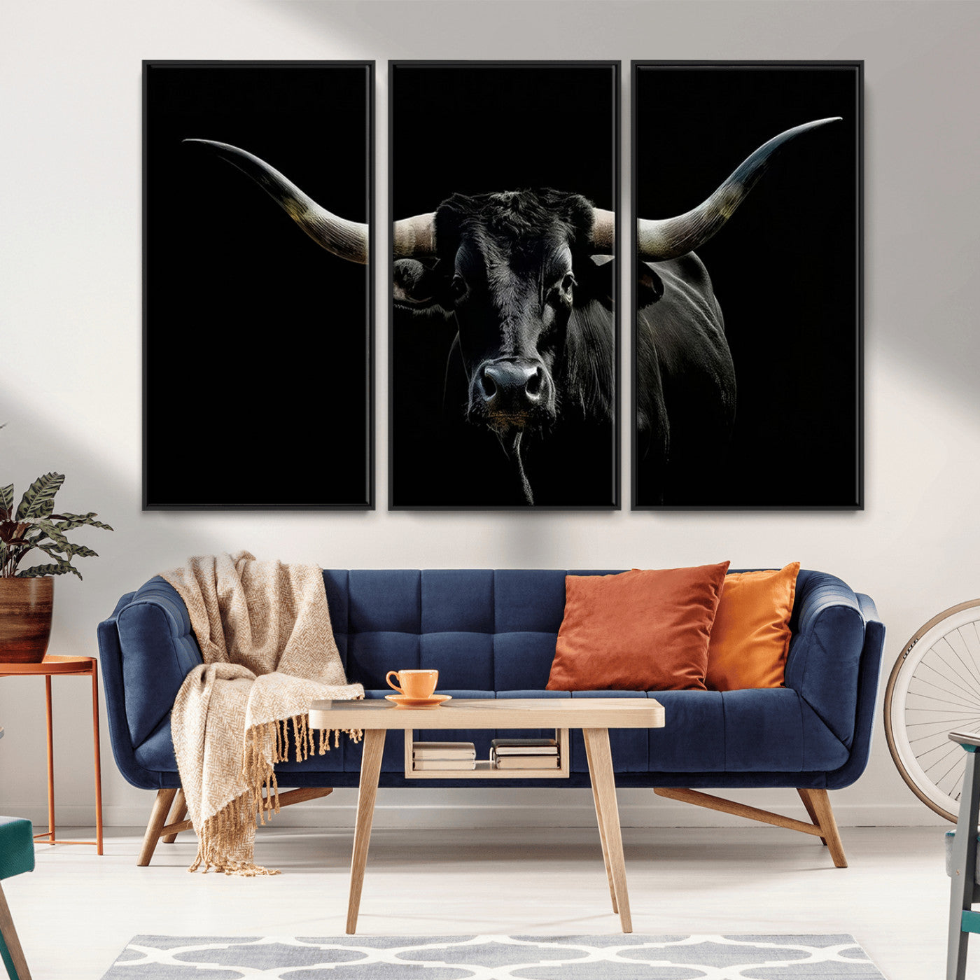 MGV-FC-48X32-3P - Texas Black Bull Wall Art Print, Longhorn Bull Canvas Wall Art