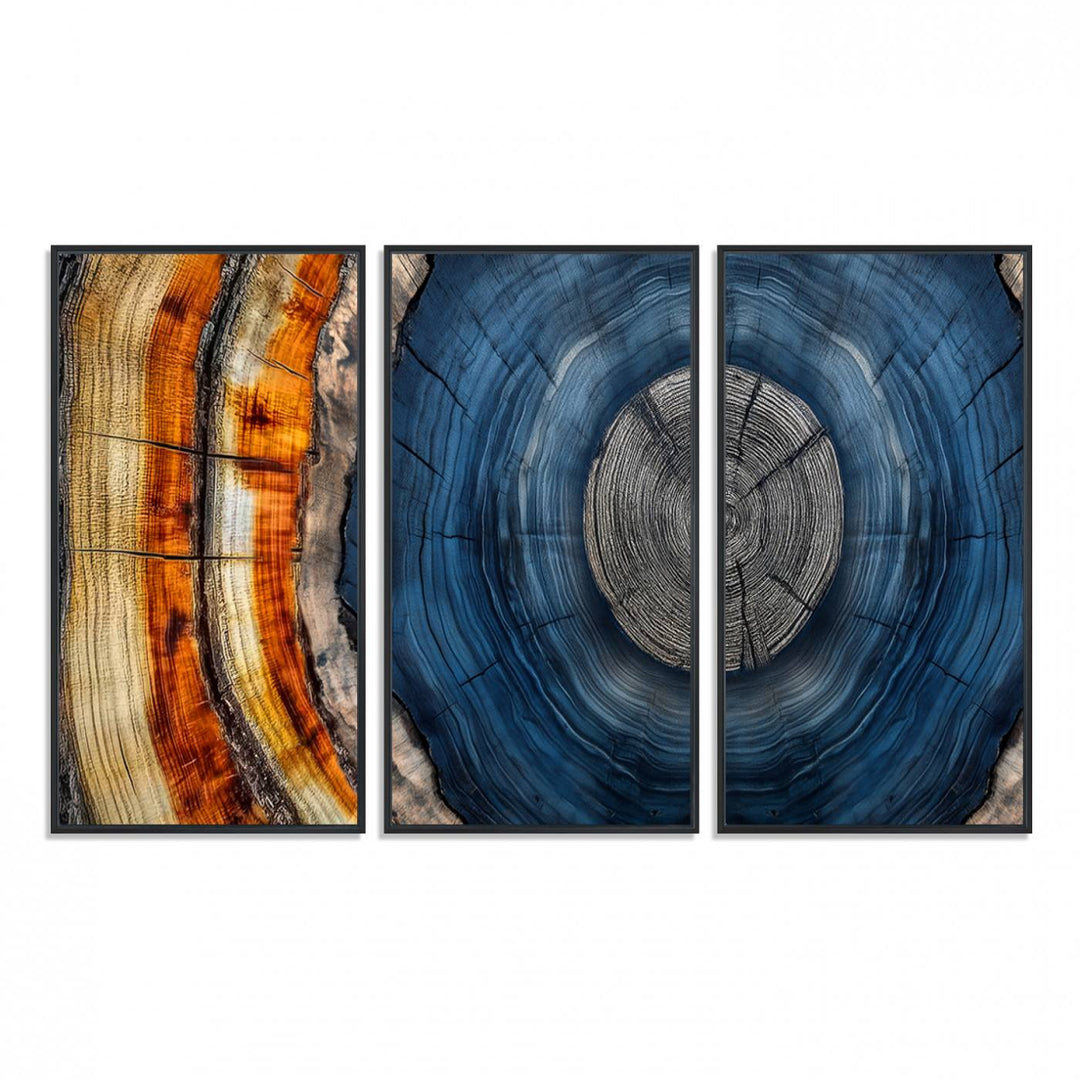 Vibrant Abstract Tree Rings in Orange, Brown, and Blue - Canvas Print for Nature Woodland Wall Decor.