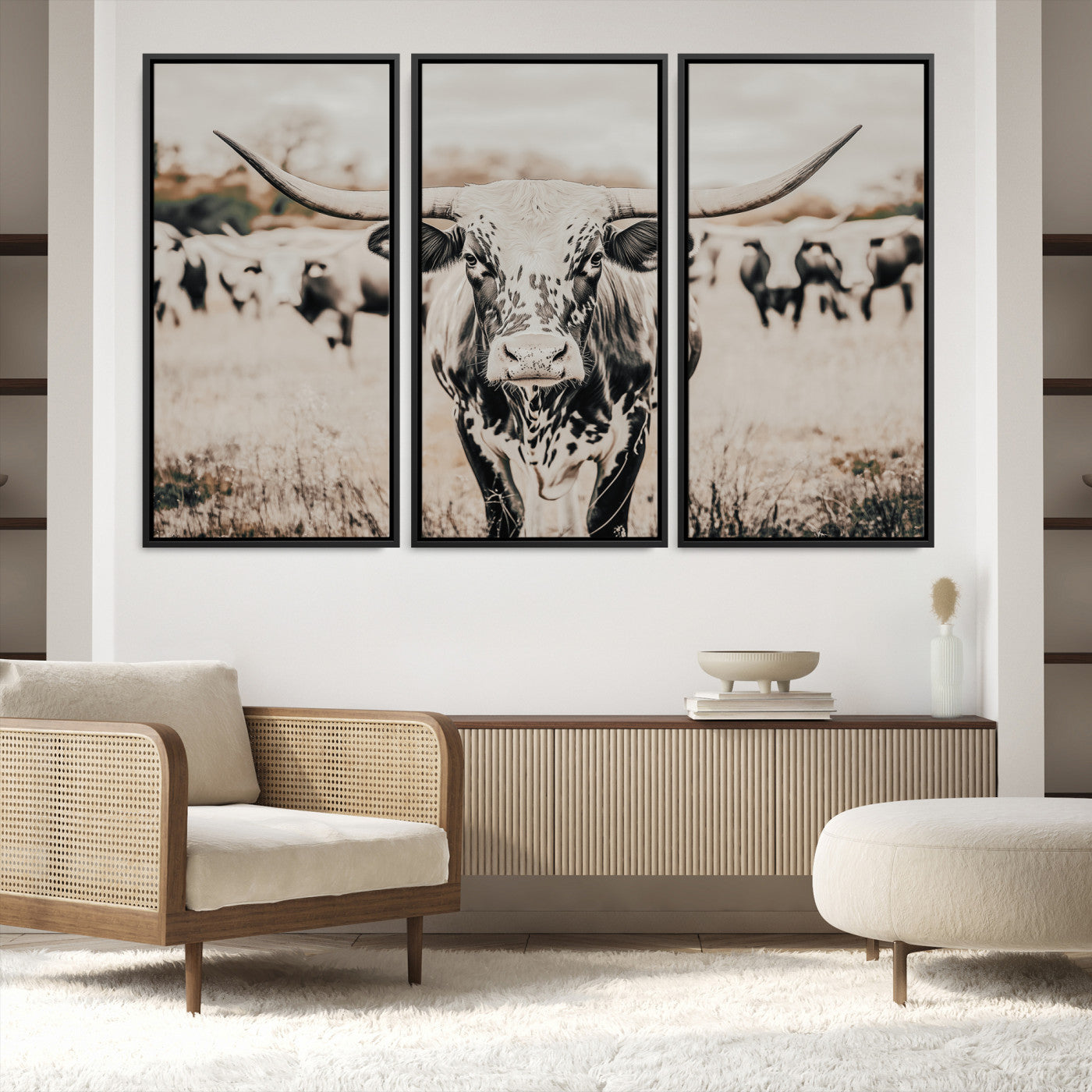 27497342-MGV-FC-48X32-3P_Black-Texas Longhorn Wall Art Canvas Print, Framed Speckled Cow Art Picture Print, Horned Cattle Perfect Rustic Western Decor Artwork