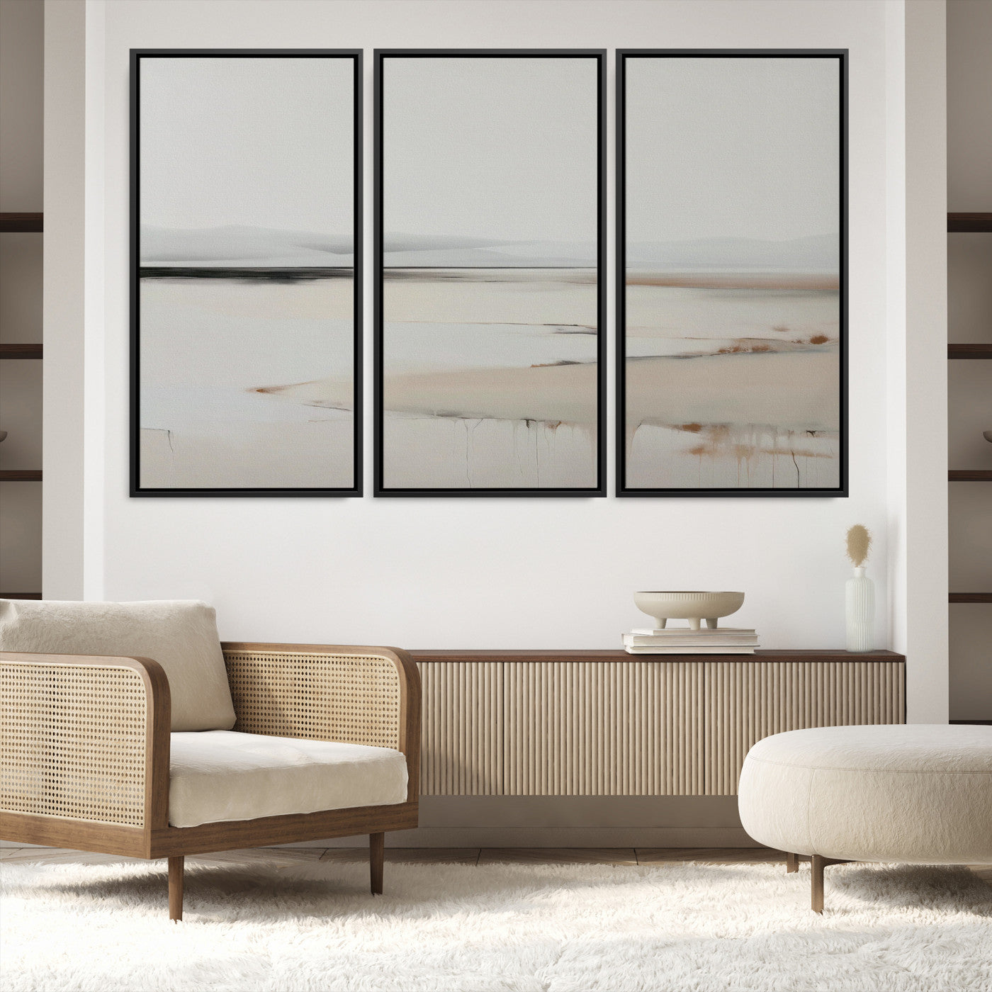 89410095-MGV-FC-48X32-3P_Black-Minimalist Landscape Wall Art Canvas Print, Framed Soft Horizon Art Picture Print, Abstract Seascape Perfect Minimalist Earthy Decor, Framed