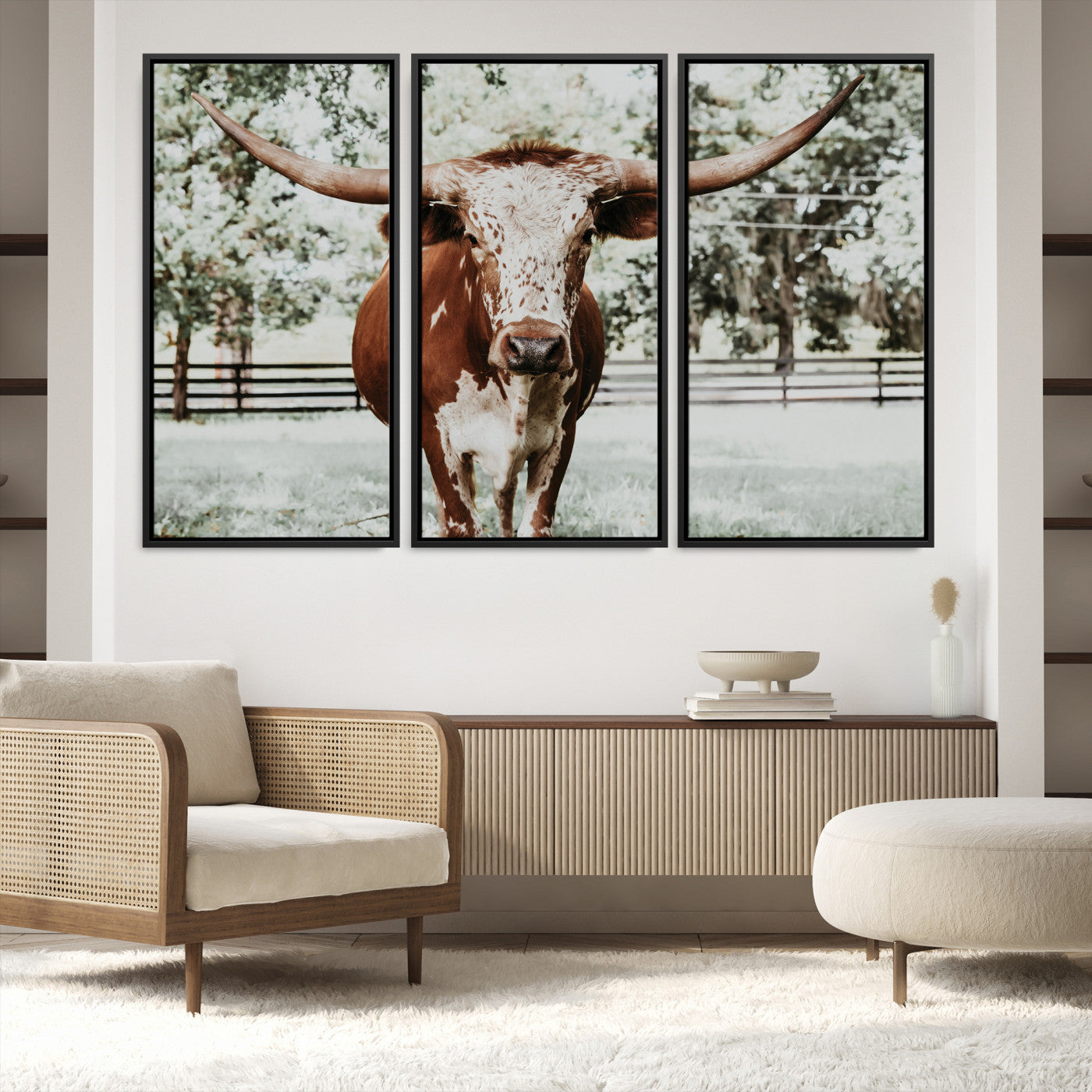 54757537-MGV-FC-48X32-3P_Black-Texas Longhorn Wall Art Canvas Print, Framed Spotted Cow Art Picture Print, Horned Cattle Perfect Rustic Western Decor Artwork