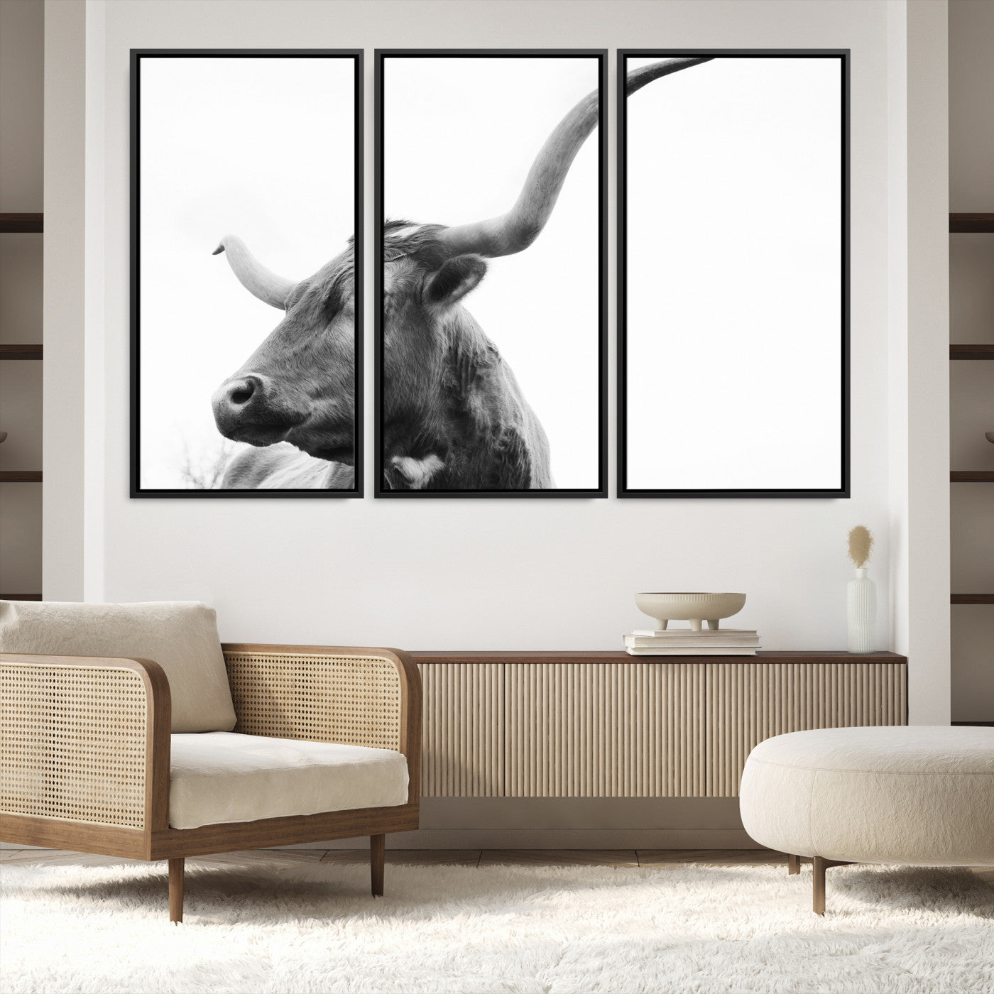 64392617-MGV-FC-48X32-3P_Black-Longhorn Wall Art Wall Art Canvas Print, Framed Modern Ranch Style Art Art Picture Print, Monochrome Cow Print Perfect Rustic Western Decor