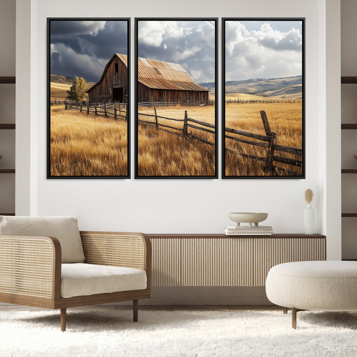 Canvas of a weathered wooden barn in a golden field under a dramatic sky, perfect for rustic or farmhouse-style wall decor.