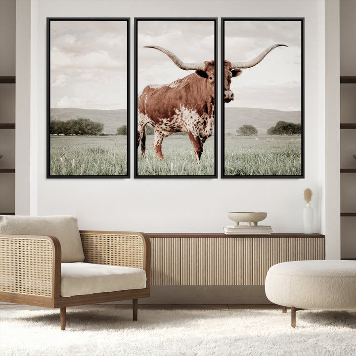 Texas Longhorn Wall Art Canvas Print, Framed Spotted Cattle Art Picture Print, Horned Bull Perfect Rustic Western Decor Artwork
