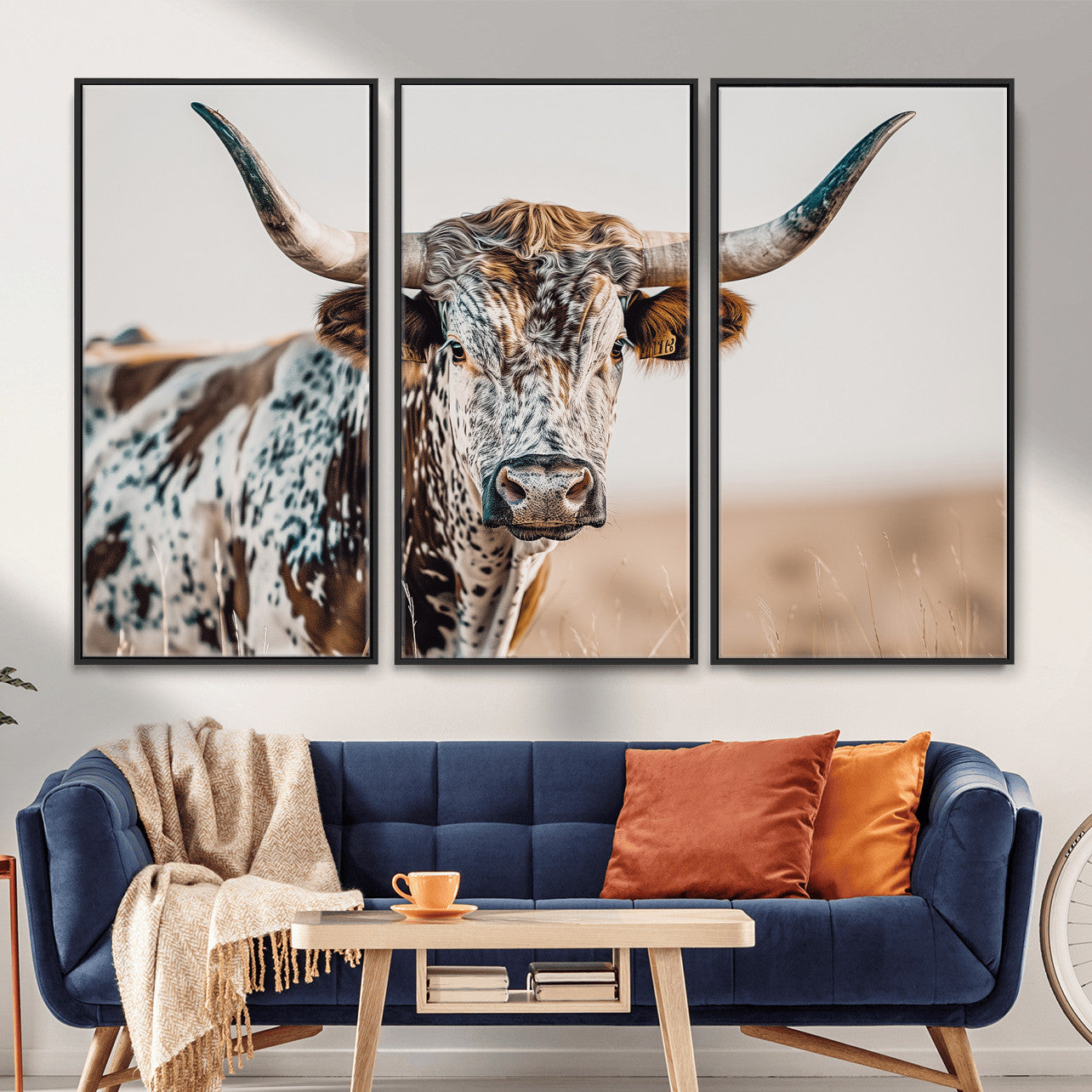 70414966-MGV-FC-48X32-3P - Majestic Longhorn Wall Art – Canvas Print of Strong Stance Intricate Fur & Sharp Horns Rustic Elegance & Timeless Wild Beauty Decor for Living Room, Office or Bedroom