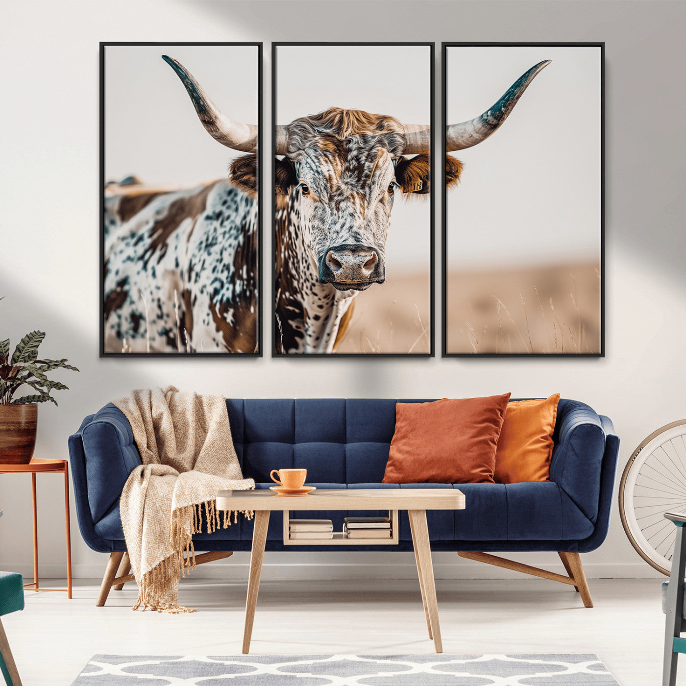 Canvas of a speckled Texas longhorn with wide curved horns and warm tones, perfect for rustic or country-style wall decor.