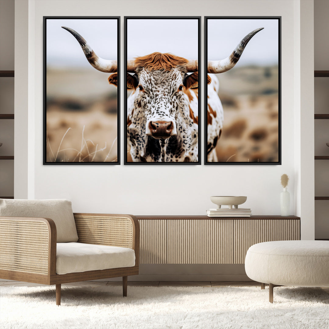 Texas Longhorn Wall Art Canvas Print, Framed Spotted Cow Art Picture Print, Horned Cattle Perfect Rustic Western Decor Artwork