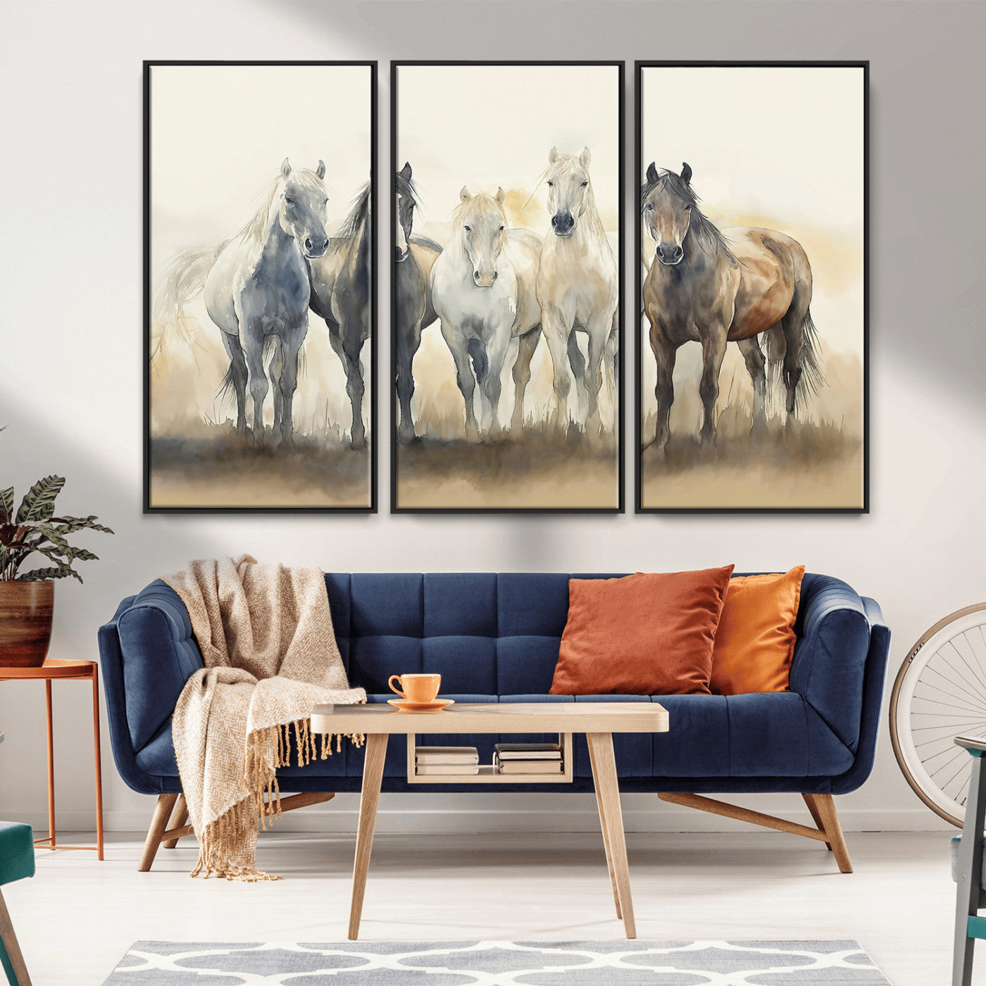 Watercolor illustration of five wild horses in soft neutral tones, perfect for rustic or western-style home decor with a calming natural vibe.