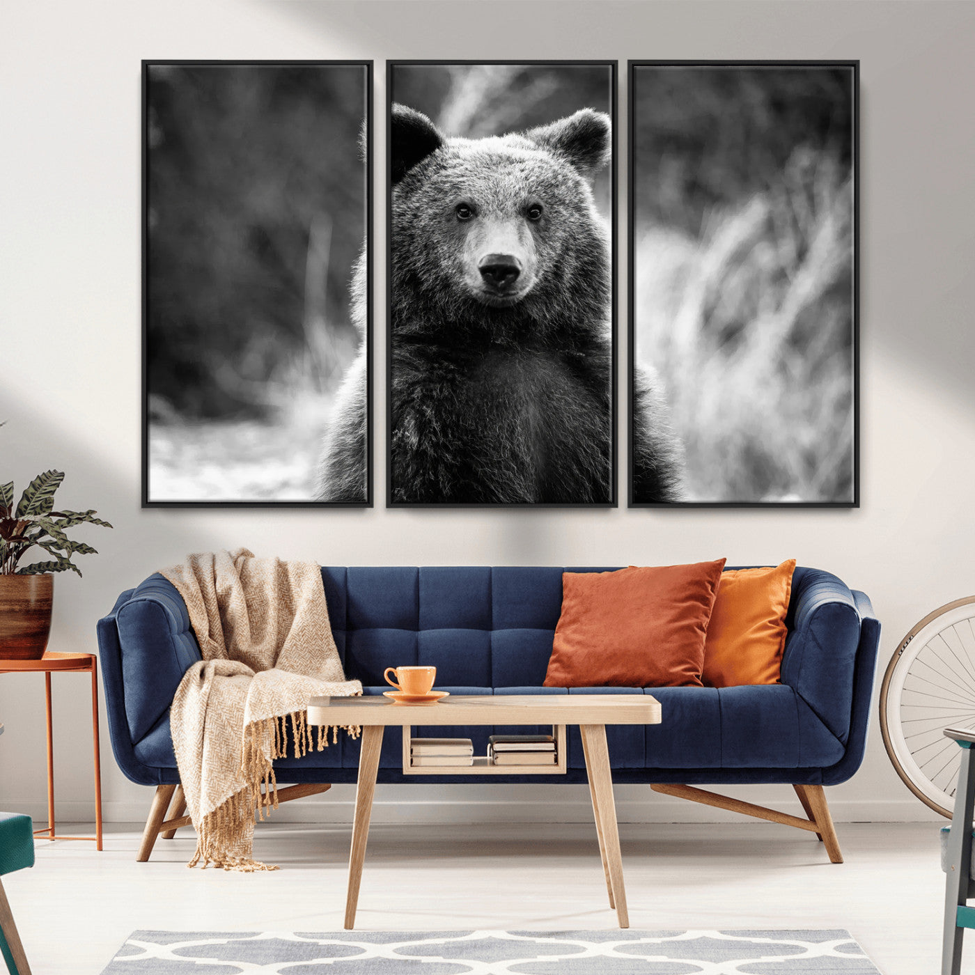 Black and white portrait of a grizzly bear with sharp detail and intense gaze, ideal for neutral-toned wildlife or rustic nature decor.