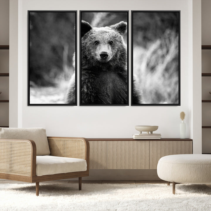 Grizzly Bear Wall Art Canvas Print, Framed Black White Bear Art Picture Print, Wild Bear Perfect Rustic Wildlife Decor