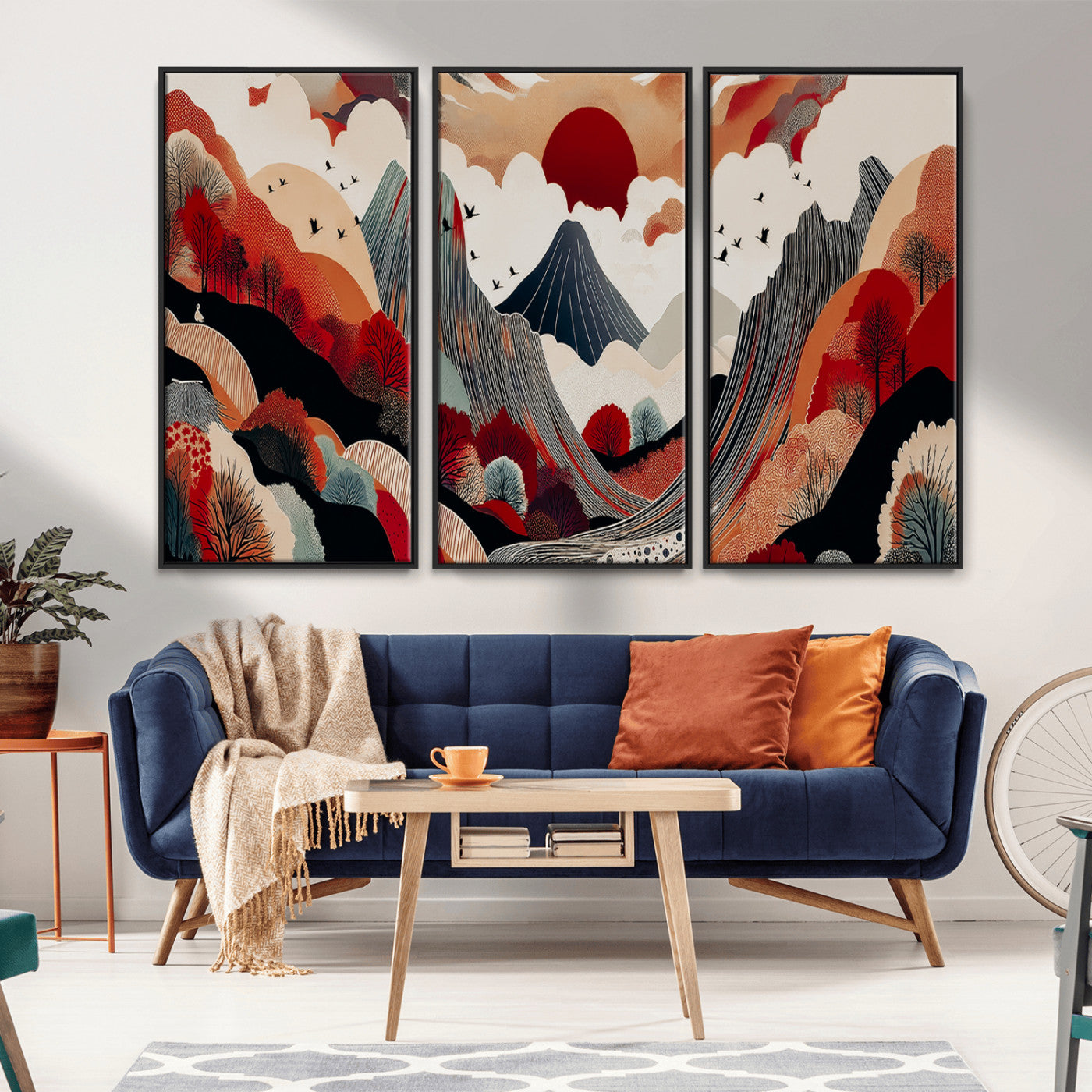Abstract nature illustration with a red sun, mountains, and vibrant landscapes in graphic style, perfect for contemporary minimalist home decor. Ideal for modern spaces.