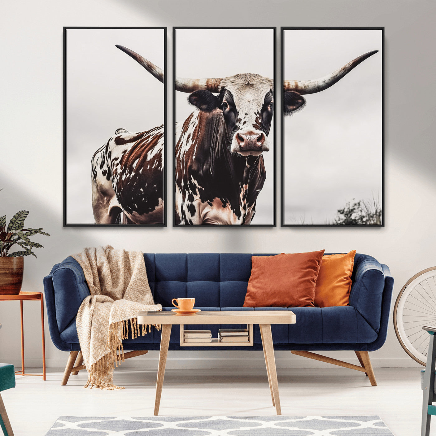 Close-up of a Texas Longhorn bull with powerful horns, perfect for rustic farmhouse or country-themed home decor. Ideal for animal lovers.