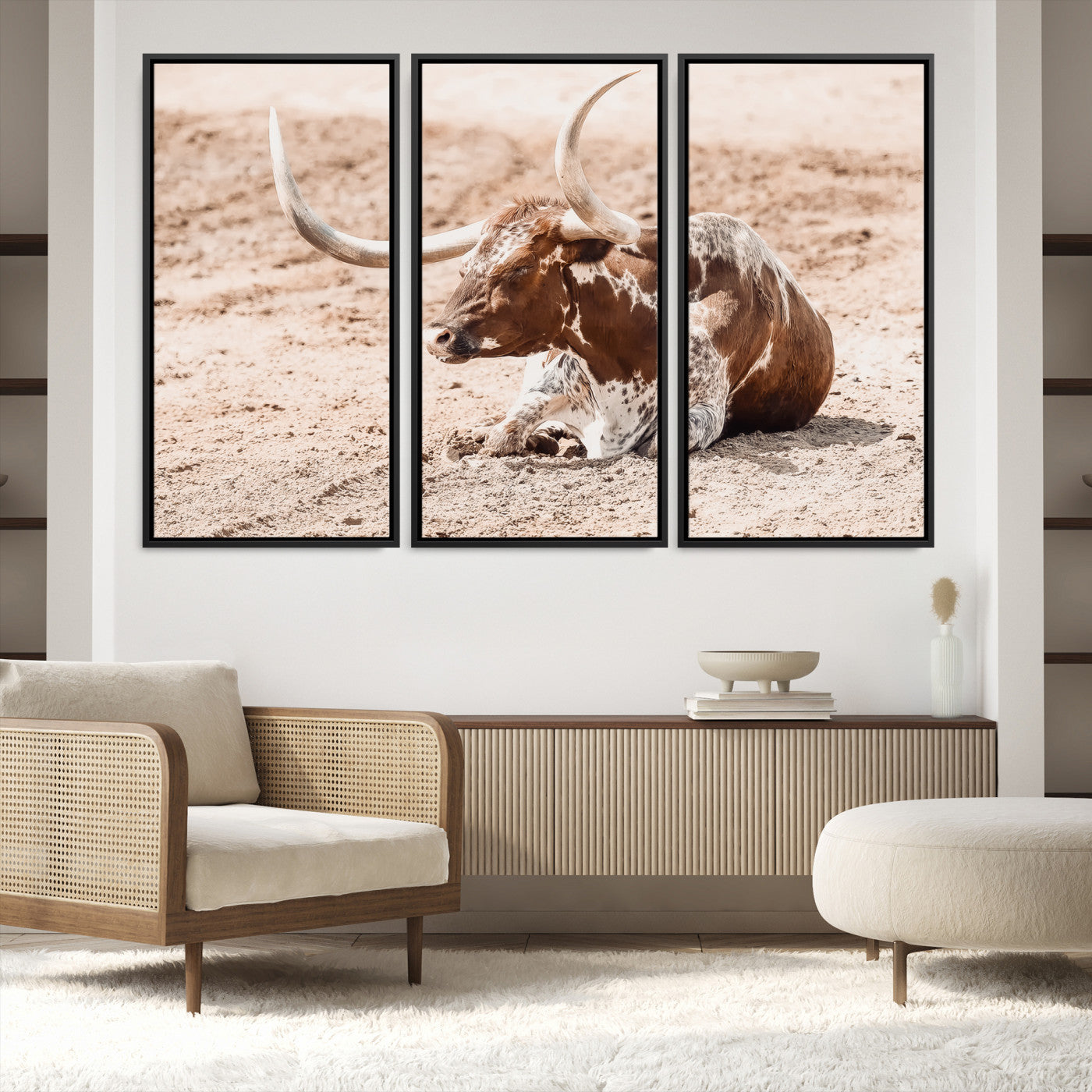 91248682-MGV-FC-48X32-3P-Texas Longhorn Wall Art Canvas Print, Framed Resting Bull Art Picture Print, Spotted Cattle Perfect Rustic Western Decor, Spotted Cattle