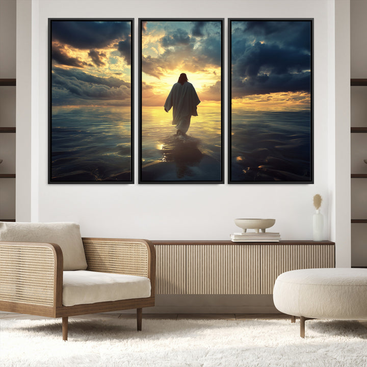 Jesus Walks Wall Art Canvas Print, Framed Divine Sunset Art Picture Print, Spiritual Light Perfect Spiritual Tranquil Decor Artwork