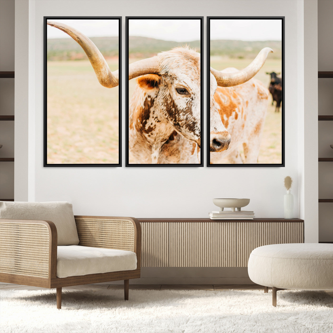 21060648-MGV-FC-48X32-3P-Texas Longhorn Wall Art Canvas Print, Framed Speckled Cow Art Picture Print, Rustic Bull Perfect Rustic Western Decor, Framed Speckled Cow