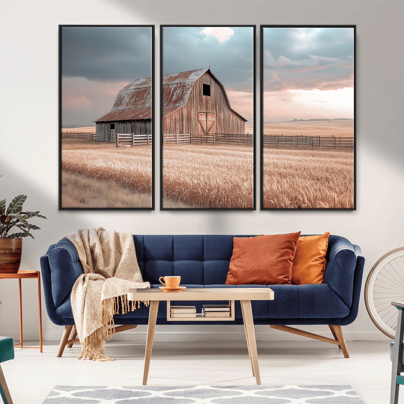MGV-FC-48X32-3P - Rustic Barn Wall Art Canvas Print, Framed Wheat Field Art Picture Print, Sunset Barn Perfect Vintage Farmhouse Decor Artwork