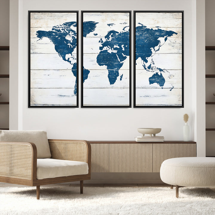 Rustic world map with blue continents on distressed wooden planks, perfect for coastal, explorer, or vintage-style wall decor.