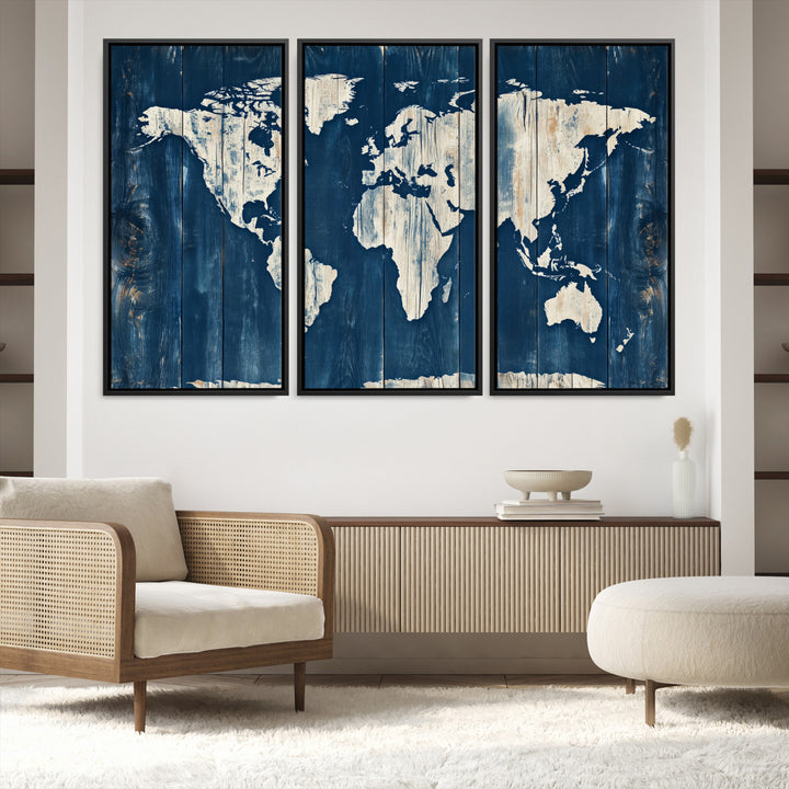 World Map Wall Art Canvas Print, Rustic Map Print, Framed Wooden World Map Art Print, Large Antique Map Decor Printing Perfect for Vintage Decor