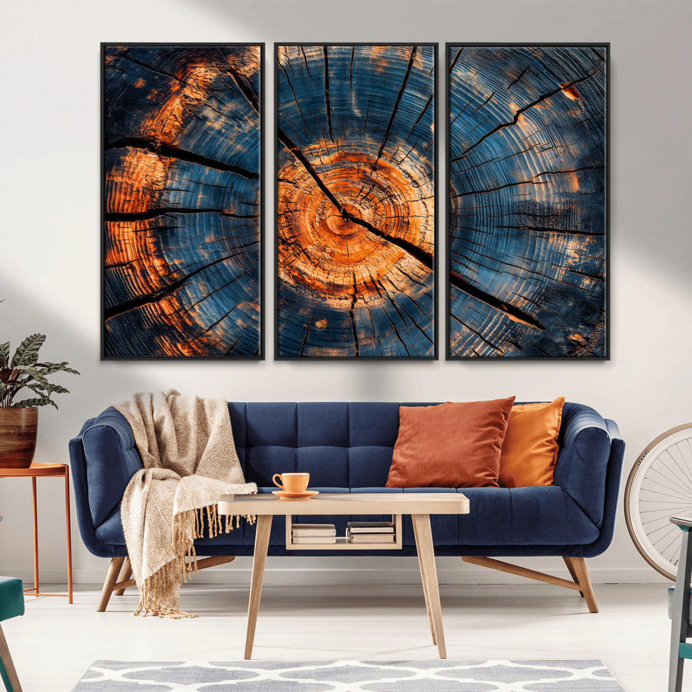 MGV-FC-48X32-3P - Burnt Wood Wall Art Canvas Print, Framed Aged Timber Art Picture Print, Rustic Tree Slice Perfect Rustic Decor Artwork