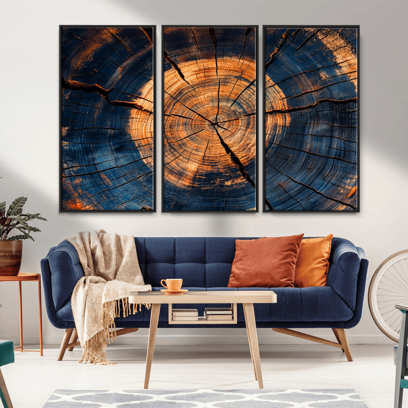 MGV-FC-48X32-3P - Burnt Wood Wall Art Canvas Print, Framed Aged Timber Art Picture Print, Rustic Tree Slice Perfect Rustic Decor Artwork