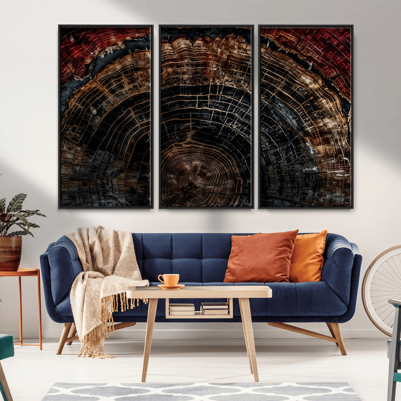 MGV-FC-48X32-3P - Dark Wood Ring Wall Art Canvas Print, Framed Abstract Wood Tree Art Picture Print, Rustic Tree Slice Perfect Rustic Decor Artwork