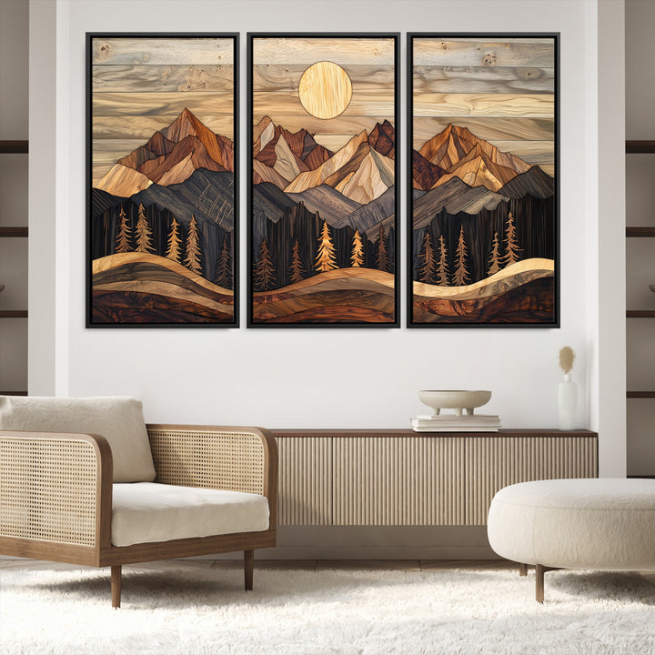 50100230-MGV-FC-48X32-3P_Black-Wood Mountain Wall Art Canvas Print, Framed Boho Wood Art Print, Abstract Woodland Farmhouse Decor