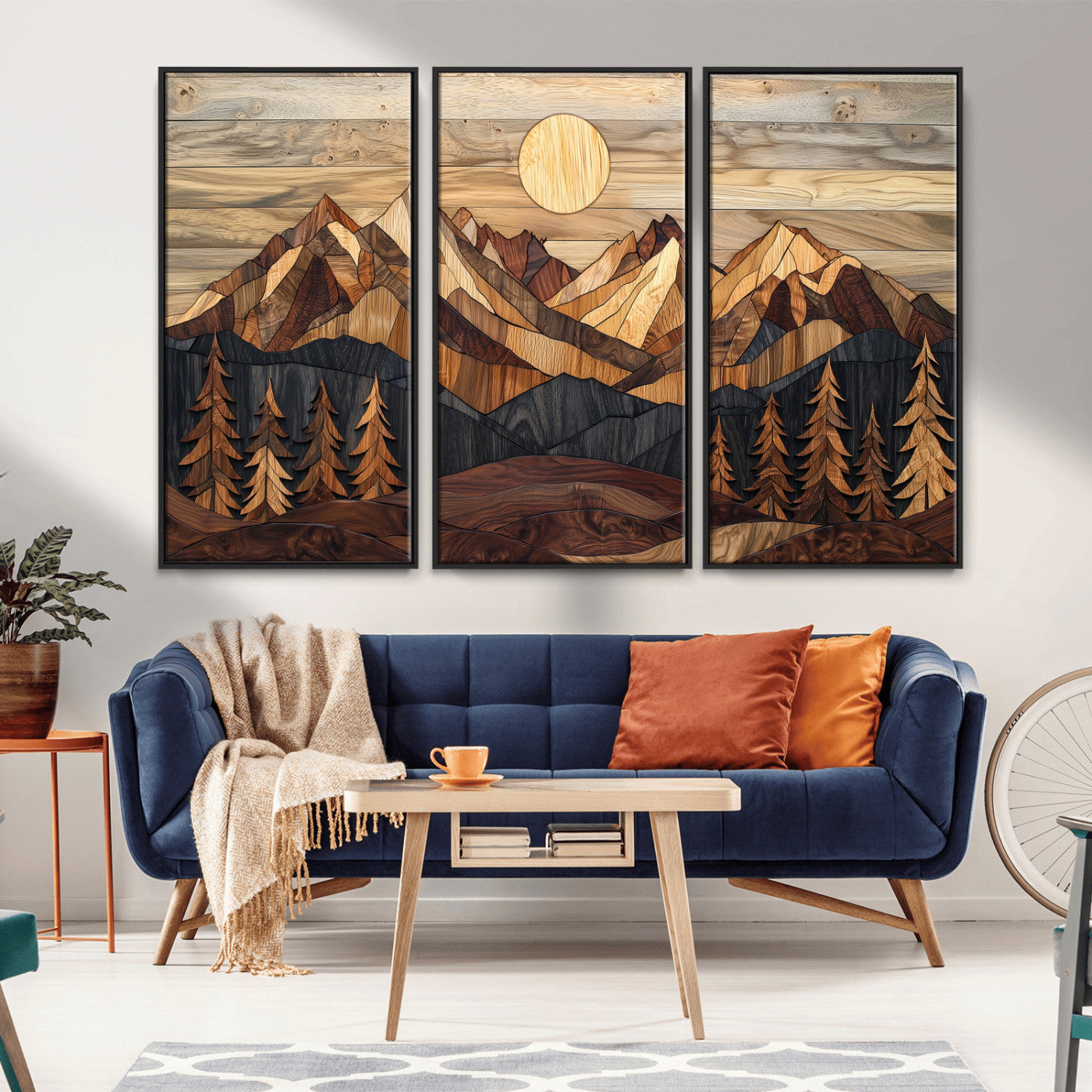 MGV-FC-48X32-3P - Wood Mountain Landscape Wall Art Canvas Print, Framed Sunset Hills Art Picture Print, Abstract Nature Perfect Boho Decor Artwork