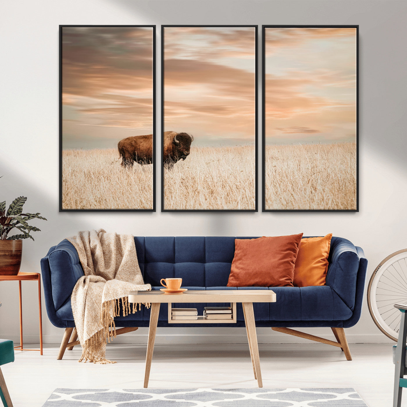 MGV-FC-48X32-3P - Bison Wall Art Canvas Print, Framed Buffalo Art Picture Print, Western Prairie Perfect Rustic Decor Artwork