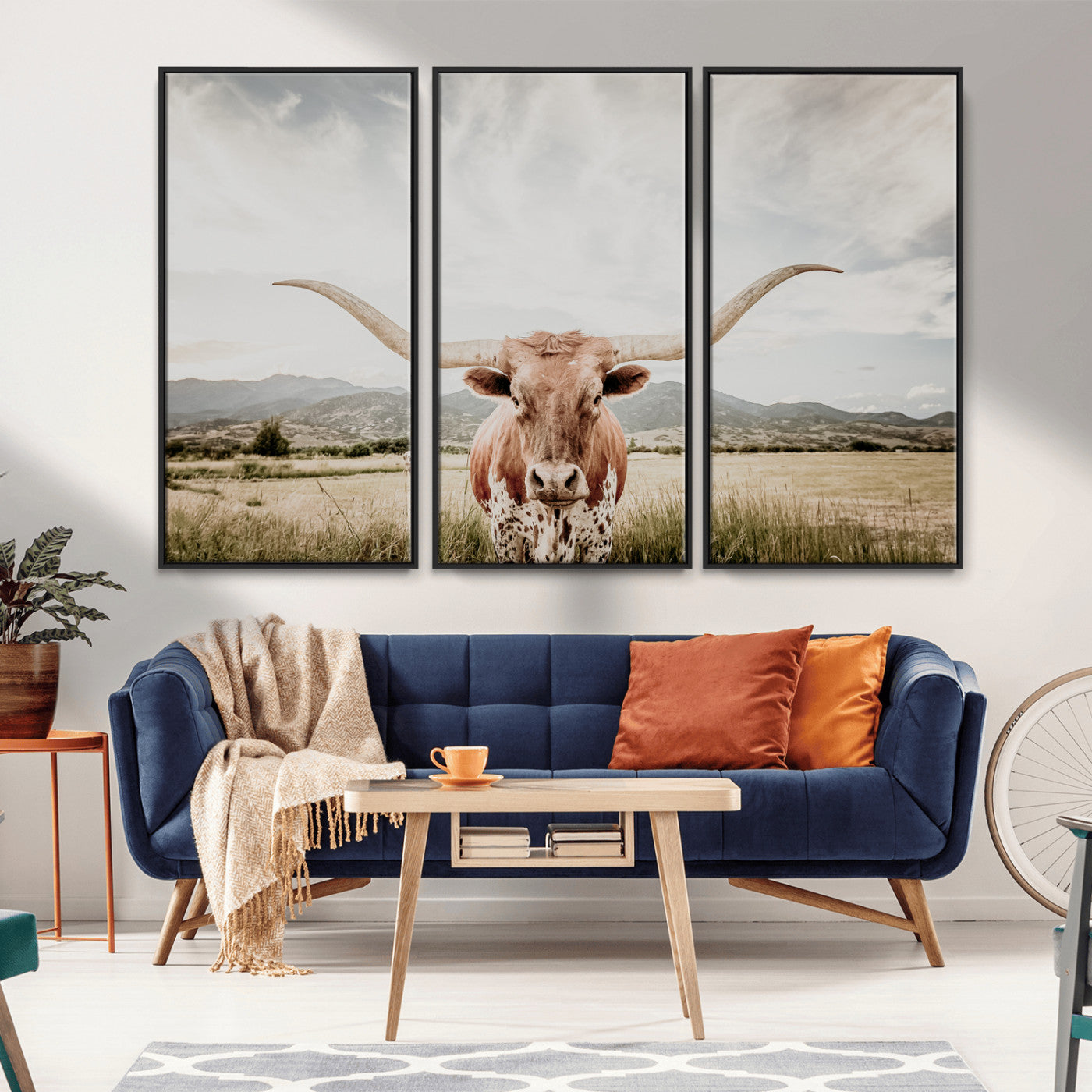 MGV-FC-48X32-3P - Texas Longhorn Wall Art Canvas Print, Framed Western Cow Art Picture Print, Rustic Farmhouse Perfect Farmhouse Decor Artwork