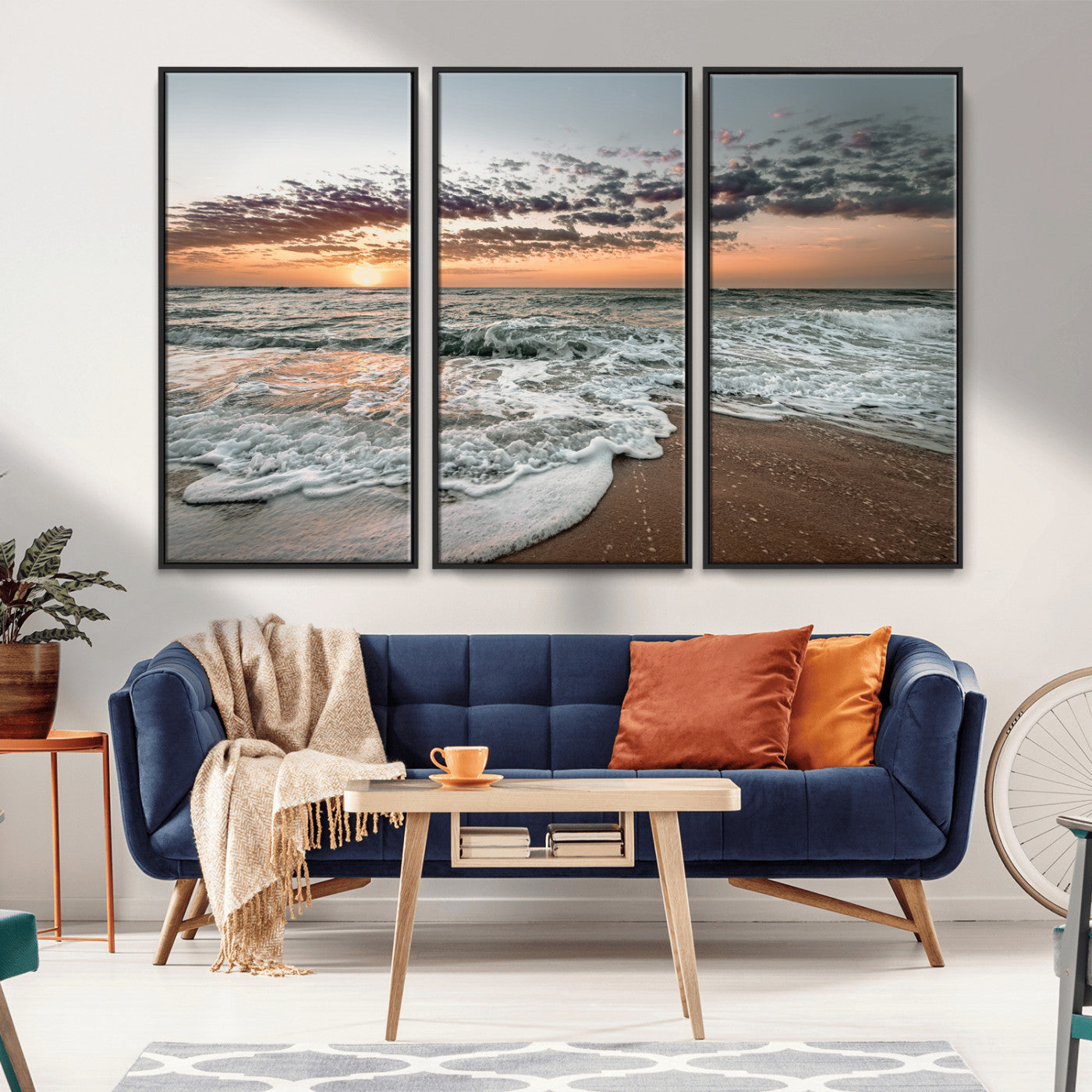 MGV-FC-48X32-3P - Ocean Sunset Wall Art Canvas Print, Framed Beach Waves Art Picture Print, Coastal Scene Perfect Coastal Decor Artwork