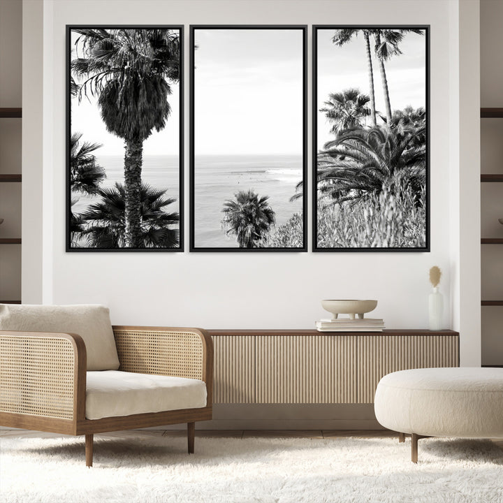 Monochrome canvas of palm trees framing a coastal surf scene, perfect for California-inspired or retro black-and-white beach decor.