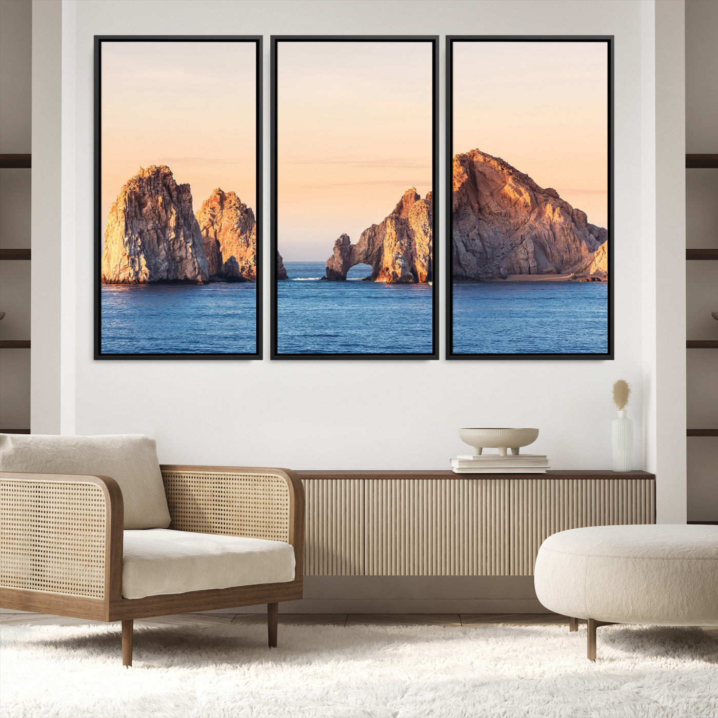 72996116-MGV-FC-48X32-3P-El Arco Wall Art Canvas Print, Framed Cabo Rocks Art Picture Print, Ocean Arch Perfect Golden Coastal Landmark Decor, The Arch Canvas Print