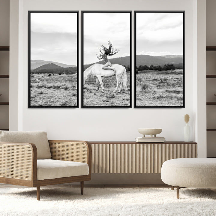 White Horse Wall Art Canvas Print, Woman Rider Print, Framed Equestrian Pose Art Print, Large Grazing Horse Printing Western Boho