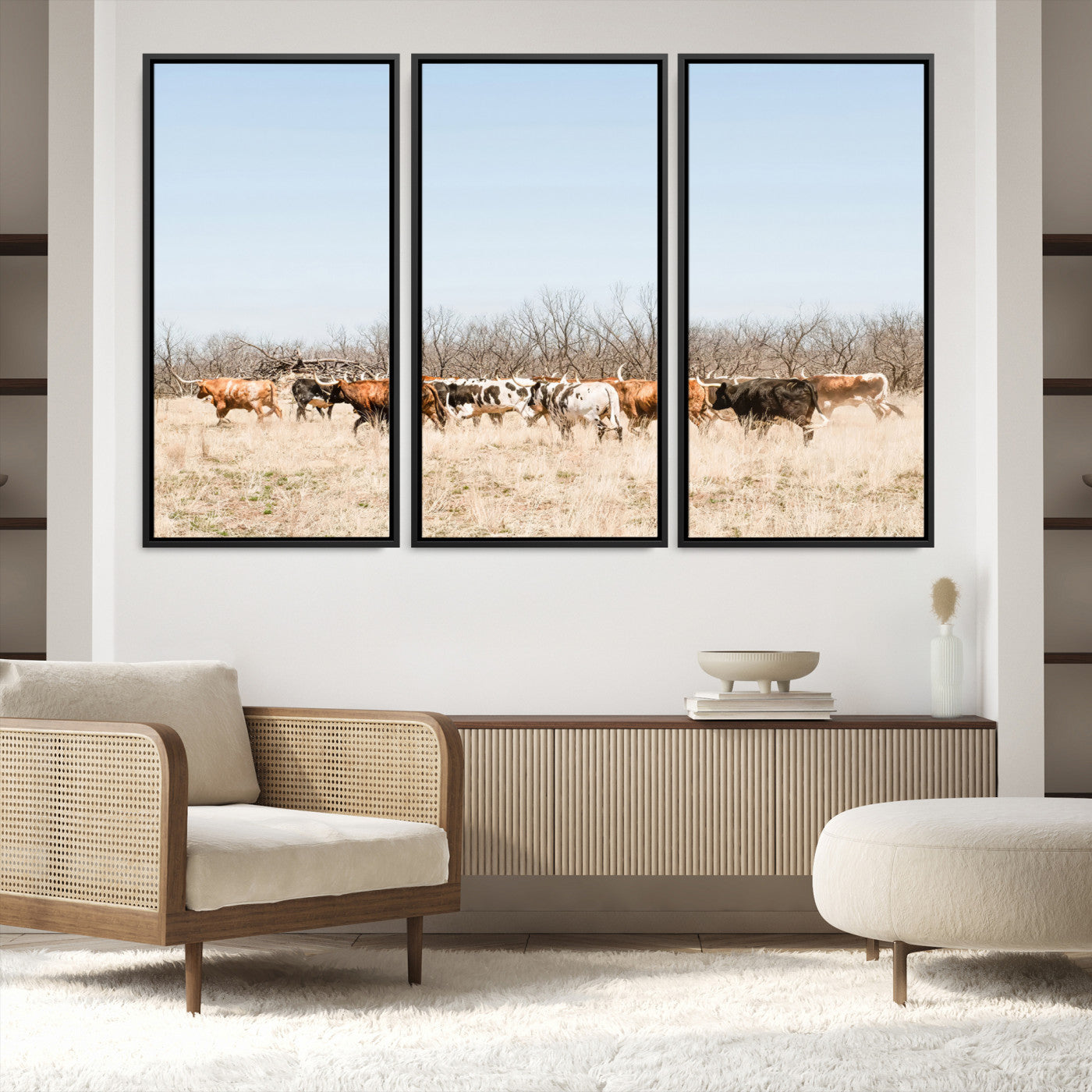 16563092-MGV-FC-48X32-3P_Black-Texas Longhorns Wall Art Canvas Print, Western Cattles Print Wall Art, Framed Rustic Herd Art Print, Large Country Cows Printing Rustic