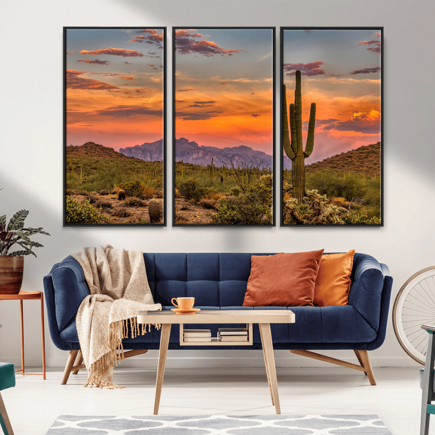 MGV-FC-48X32-3P - Saguaro Cactus Wall Art Canvas Print, Framed Arizona Sunset Art Picture Print, Sonoran Desert Perfect Southwestern Boho Decor Artwork