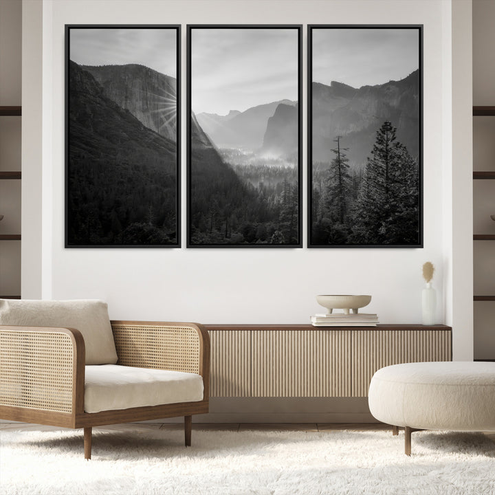 Yosemite Valley Wall Art Canvas Print, El Capitan Sunrise Print, Framed Misty Mountain Art Print, Large Monochrome Valley Printing