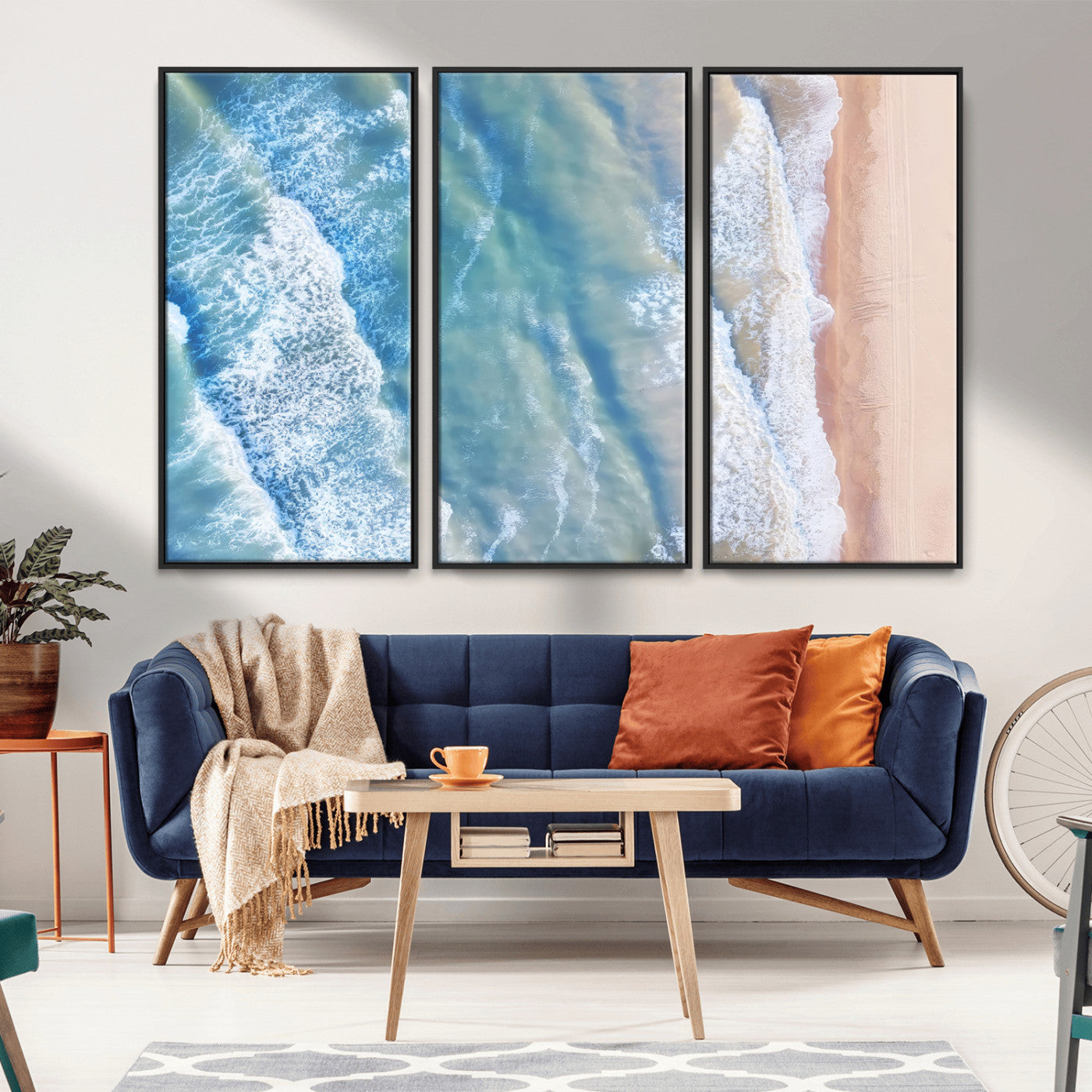 MGV-FC-48X32-3P - Aerial Ocean View Wall Art Canvas Print, Framed Soft Blue Waves Art Picture Print, Sandy Shoreline Perfect Modern Coastal Decor Artwork