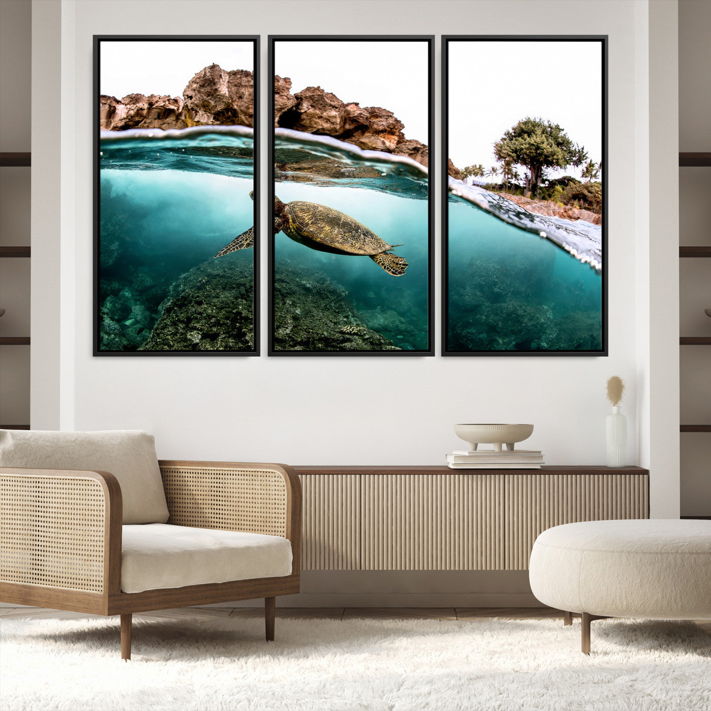 44200301-MGV-FC-48X32-3P-Sea Turtle Wall Art Canvas Print, Framed Ocean Life Art Picture Print, Tropical Perfect Coastal Decor