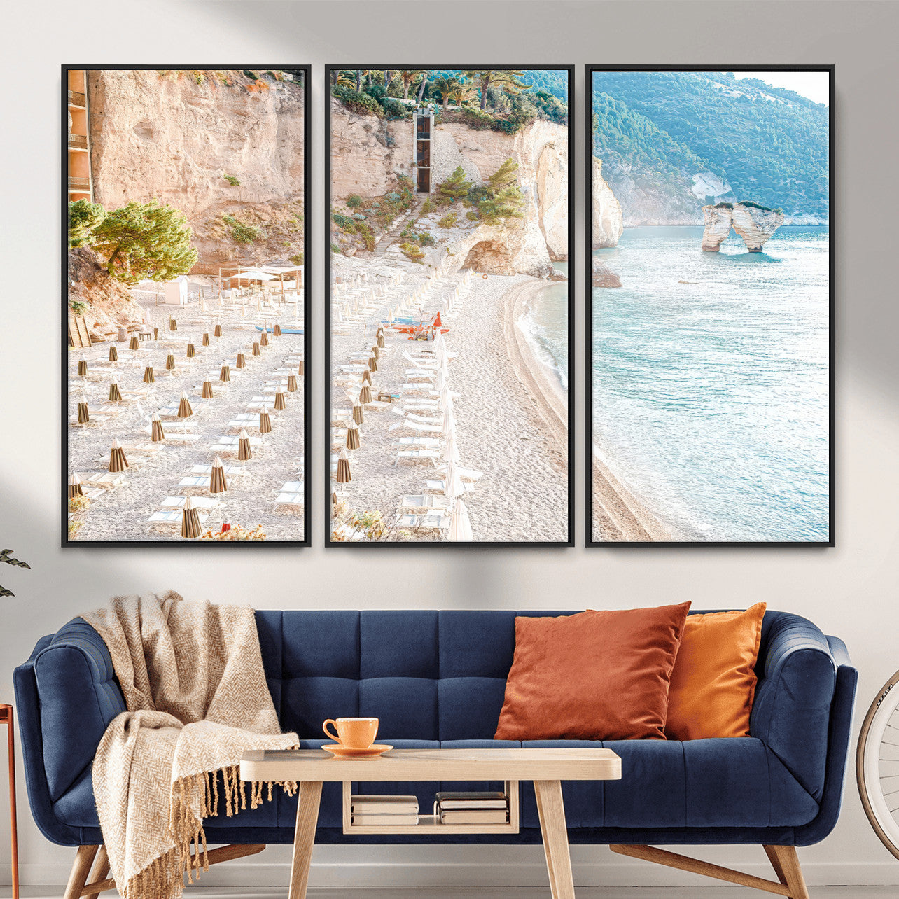 84816639-MGV-CV-36X24 - Sunny Beach Wall Art – Chairs & Umbrellas Canvas Print, Clear Water, Rocky Cliffs, Coastal Calm for Living Room or Vacation Home Decor
