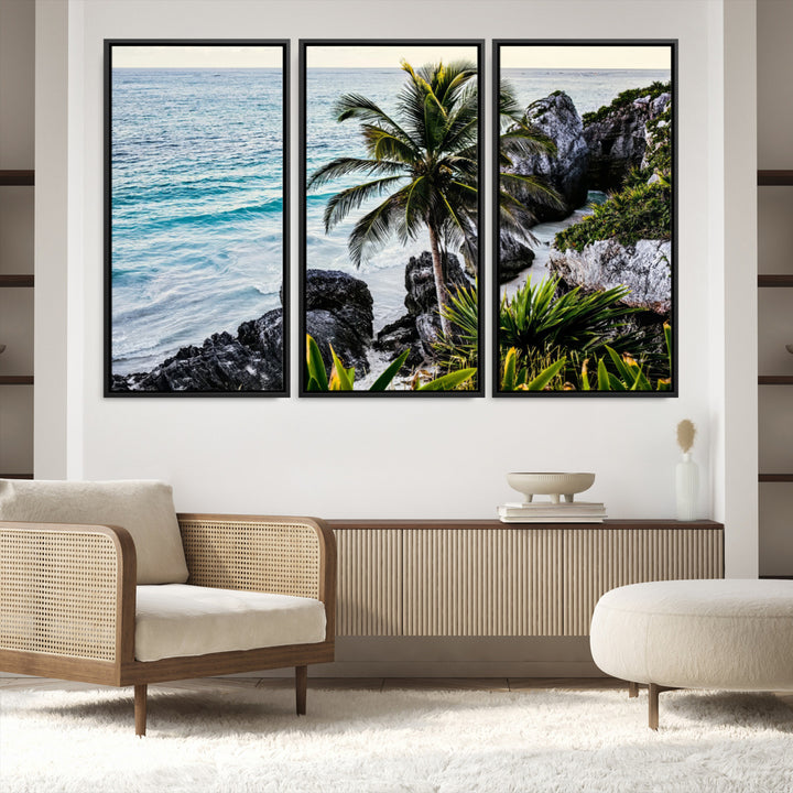 Framed canvas of a vibrant tropical coastline with palm trees, rocky cliffs, and turquoise waters, ideal for tropical coastal home decor.