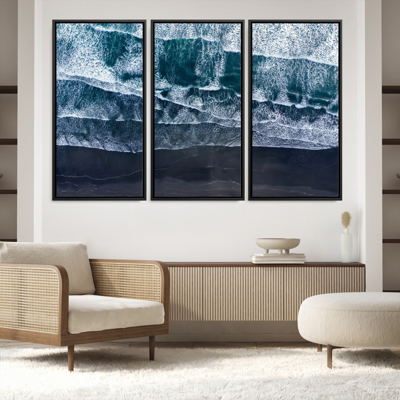 87941475-MGV-FC-48X32-3P-Black Beach Wall Art Canvas Print, Framed Aerial Ocean Art Picture Print, Moody Coastal Perfect Coastal Decor, Aerial Ocean Wall Art Canvas