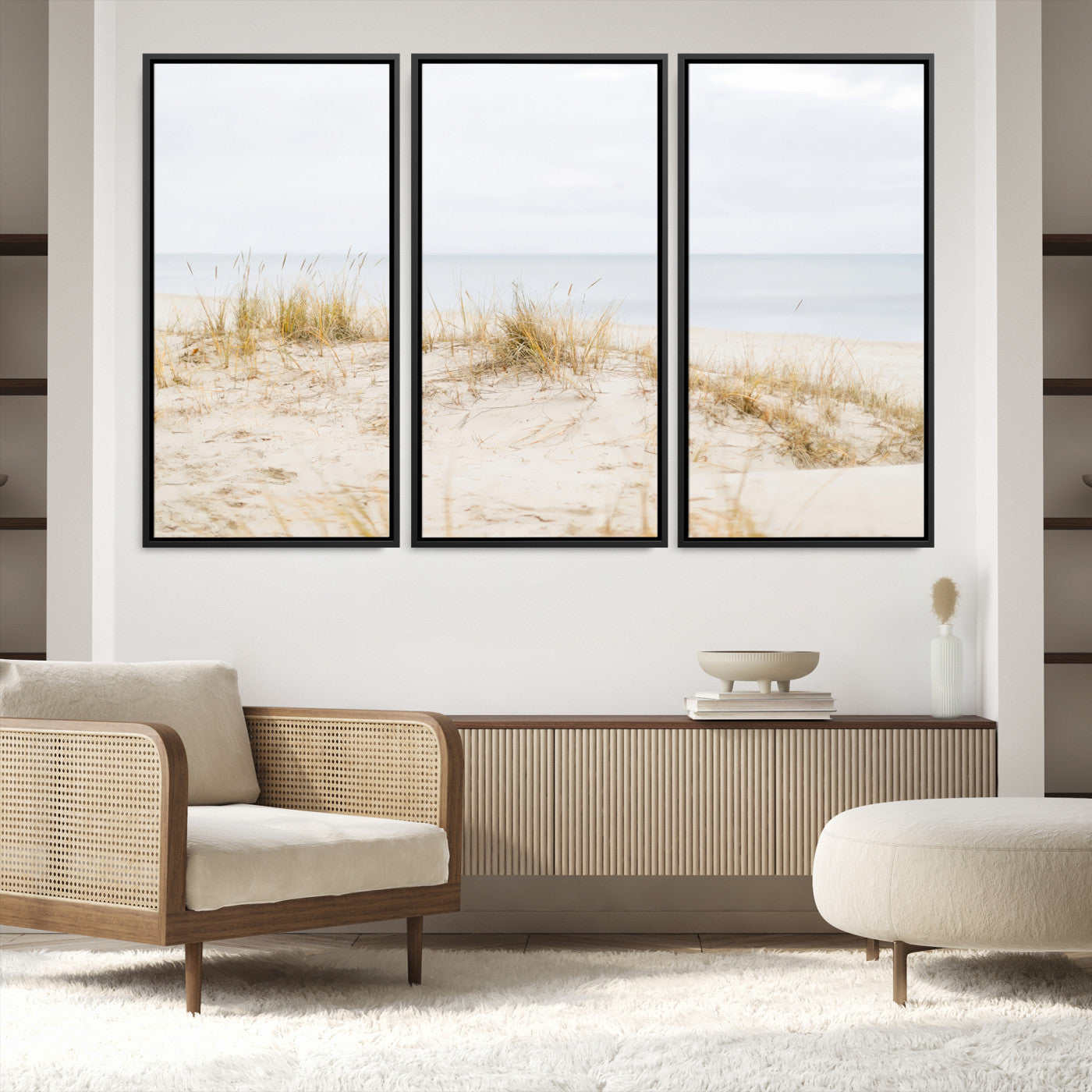 13146857-MGV-FC-48X32-3P-Beach Dunes Wall Art Canvas Print, Framed Coastal Grass Art Picture Print, Sand Perfect Minimalist Decor, Framed Sand Dunes Canvas