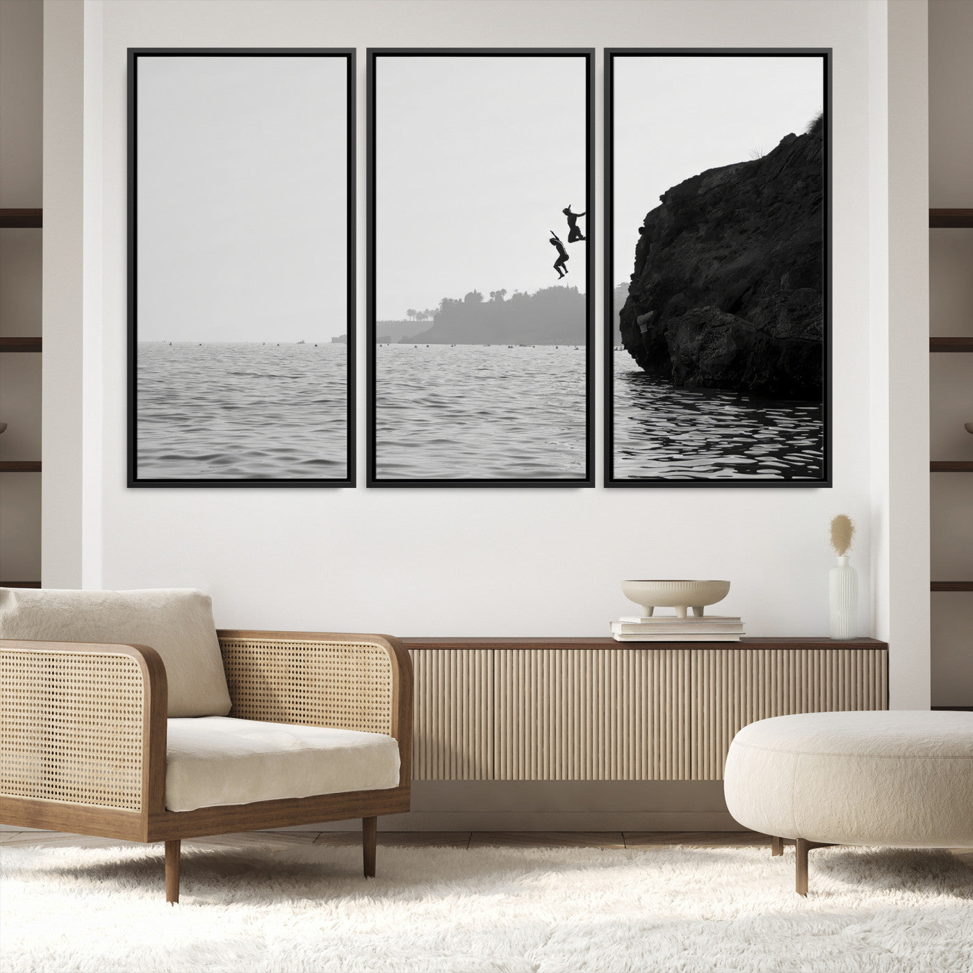 52284302-MGV-FC-48X32-3P-Jumping Wall Art Canvas Print, Framed Ocean Art Picture Print, Coastal Perfect Coastal Decor, Framed Cliff Diving Wall Art
