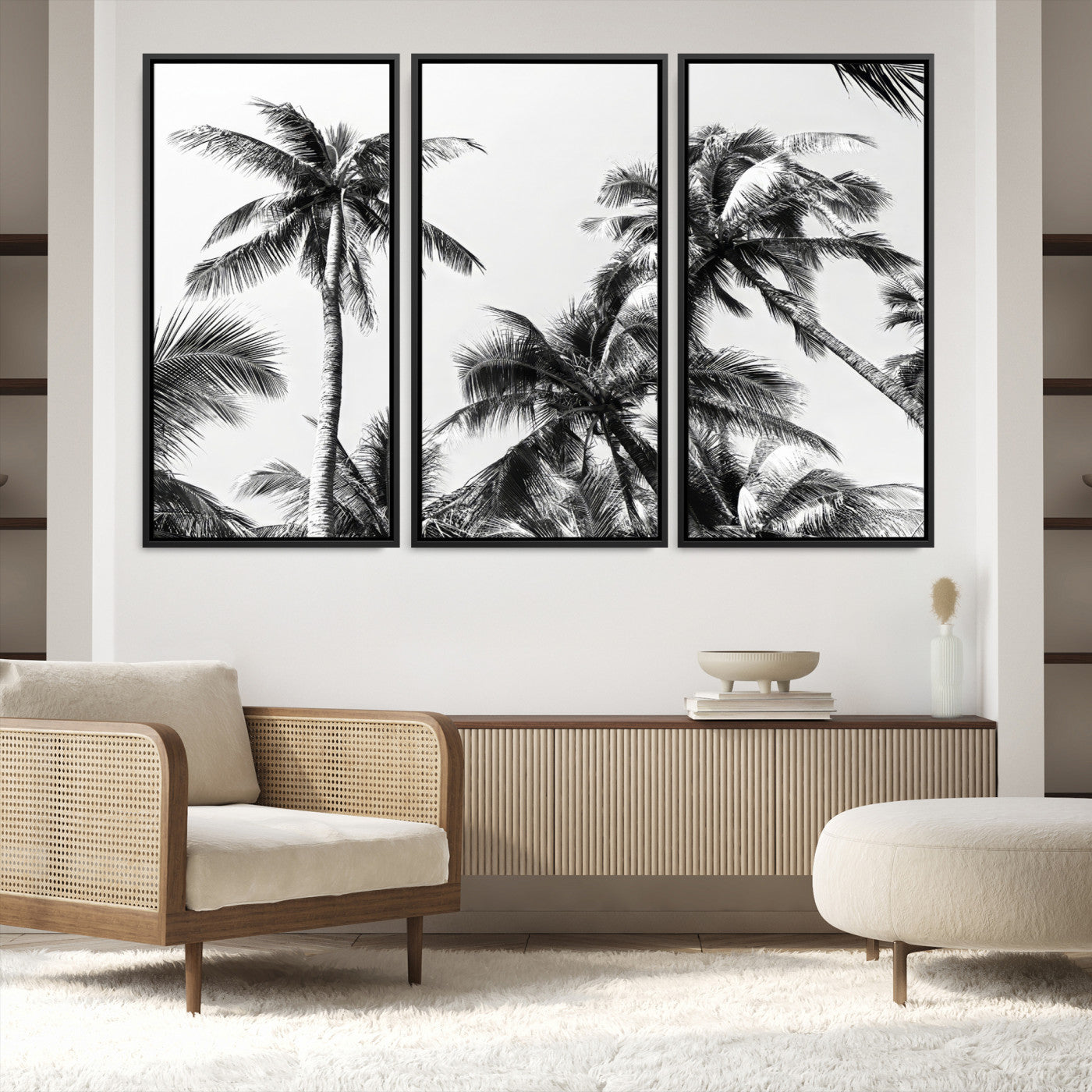 46641801-MGV-FC-48X32-3P-Palm Wall Art Canvas Print, Framed Tropics Art Picture Print, Monochrome Perfect Minimalist Decor